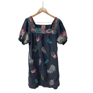 Johnny Was Kaluhi Embroidered Blue Puff Sleeve Tunic Shift Dress M